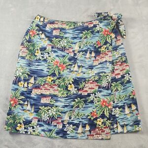 Talbots Petites 10P Silk Wrap Skirt Blue Tropical Island Print VTG Preppy